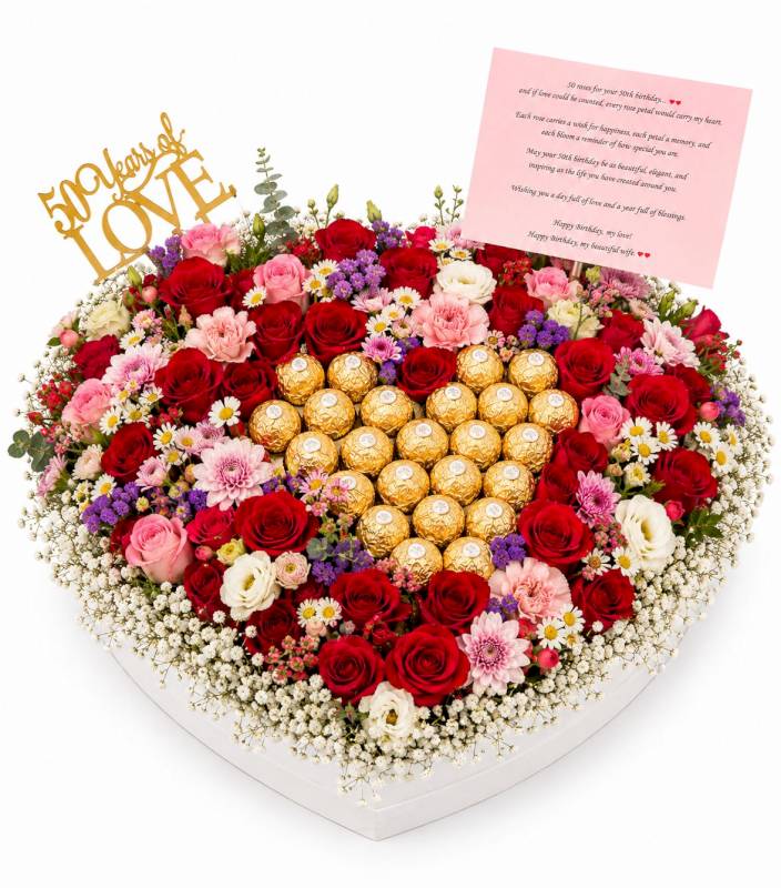 Heart Box with Roses & Ferrero Rocher.