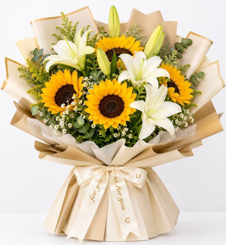 Combination of sunflower, white lily and babies breathe 